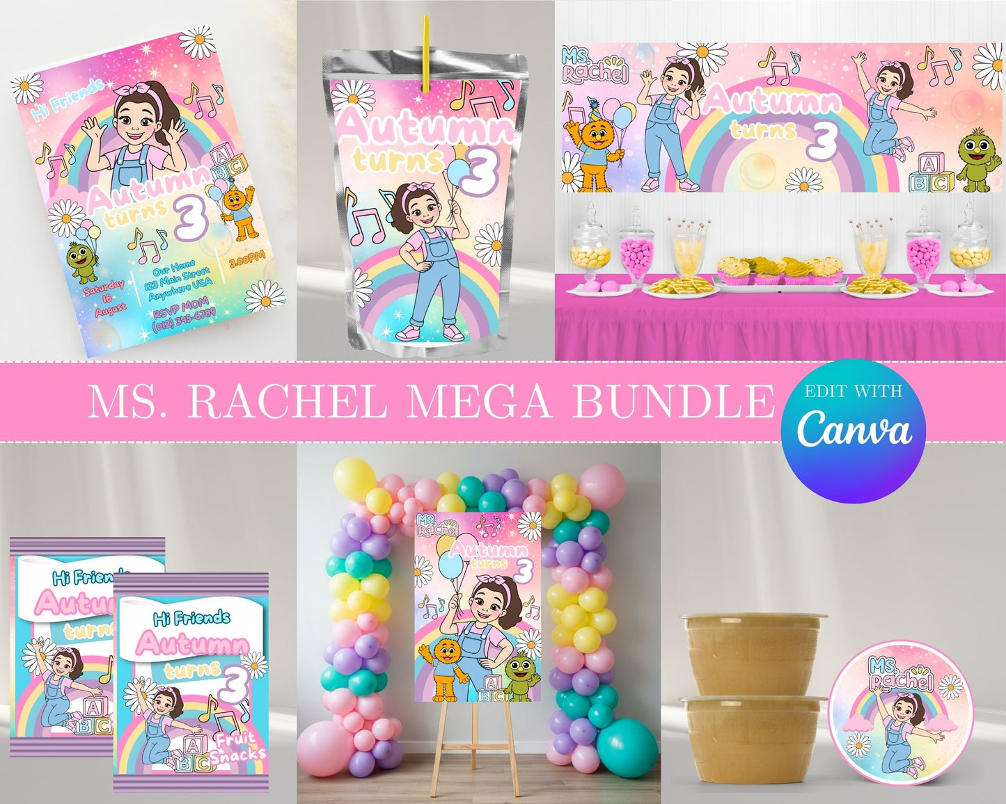Ms. Rachel MEGA Party Bundle | Edit Text with Canva | Ms. Rachel Favor Bundle | Digital Files