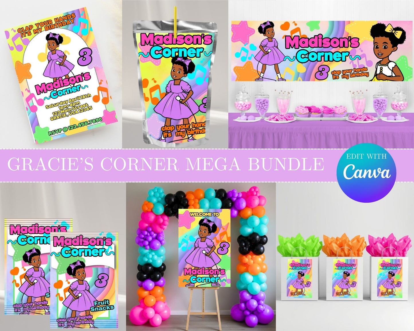 Gracie's Corner MEGA Party Bundle | Edit Text with Canva | Gracie's Corner Favor Bundle | Digital Files