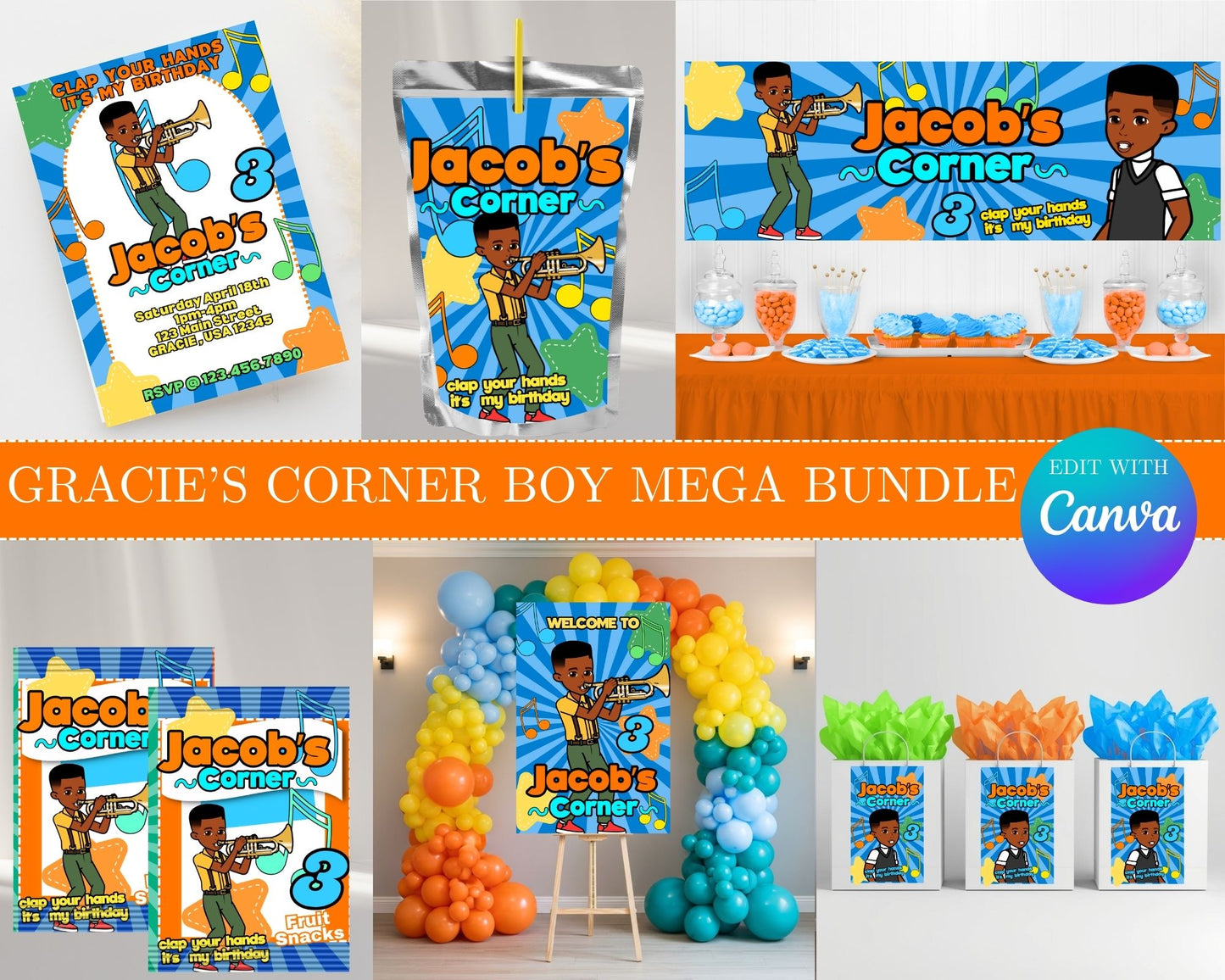 Gracie's Corner Boy MEGA Party Bundle | Edit Text with Canva | Gracie's Corner Boy Favor Bundle | Digital Files
