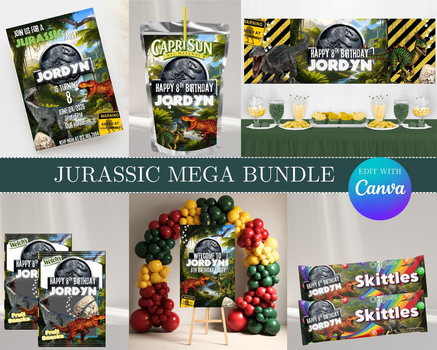 Jurassic MEGA Party Bundle | Edit Text with Canva | Jurassic Favor Bundle | Digital Files