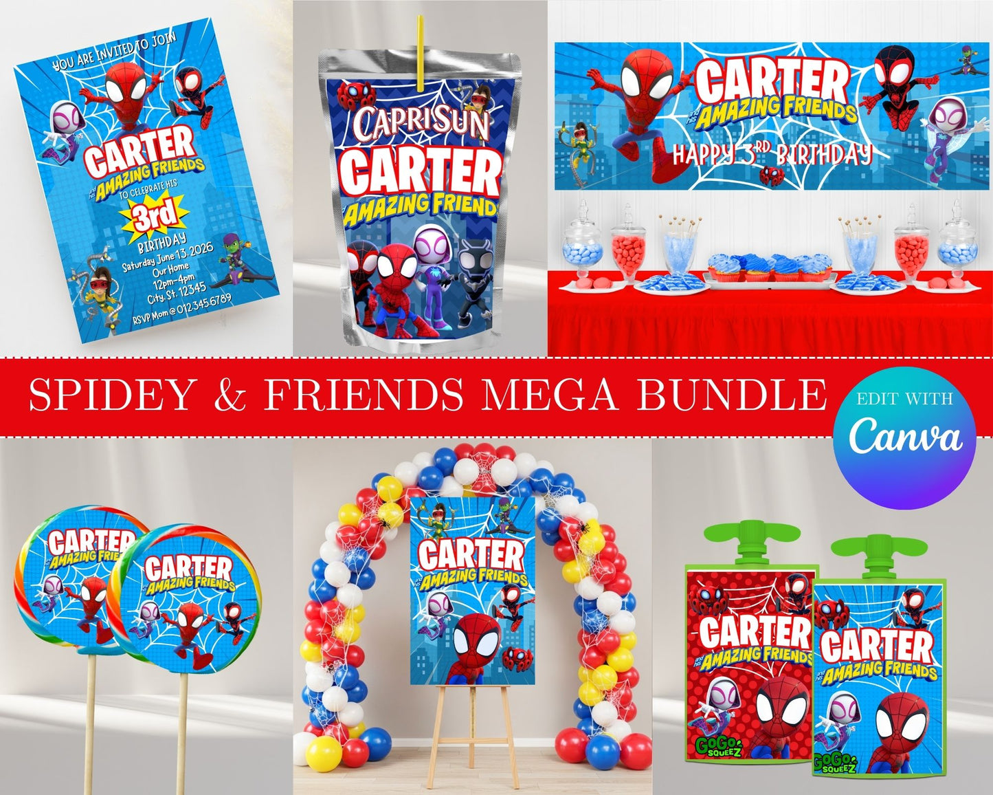 Spidey & Friends MEGA Party Bundle | Edit Text with Canva | Spidey & Friends Favor Bundle | Digital Files