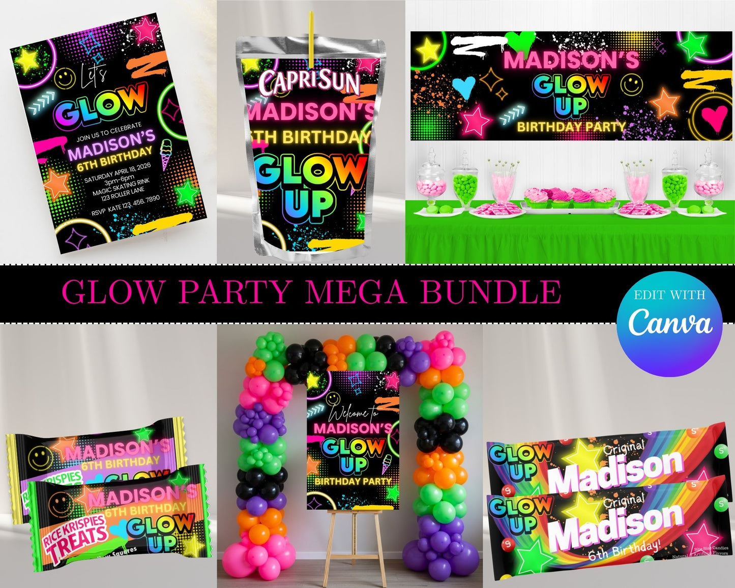 Glow Party MEGA Party Bundle | Edit Text with Canva | Glow Party Favor Bundle | Digital Files