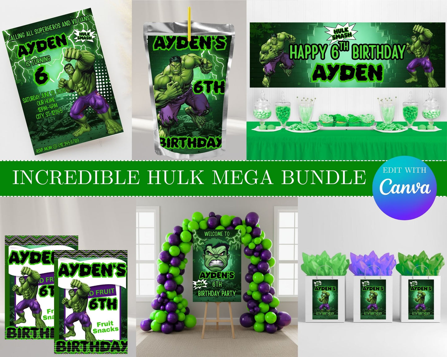 Hulk MEGA Party Bundle | Edit Text with Canva | Hulk Favor Bundle | Digital Files