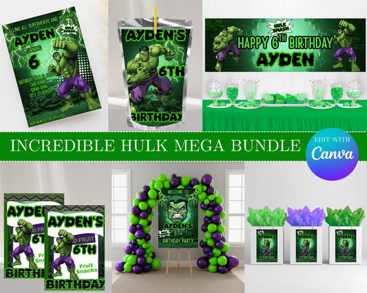 Hulk MEGA Party Bundle | Edit Text with Canva | Hulk Favor Bundle | Digital Files