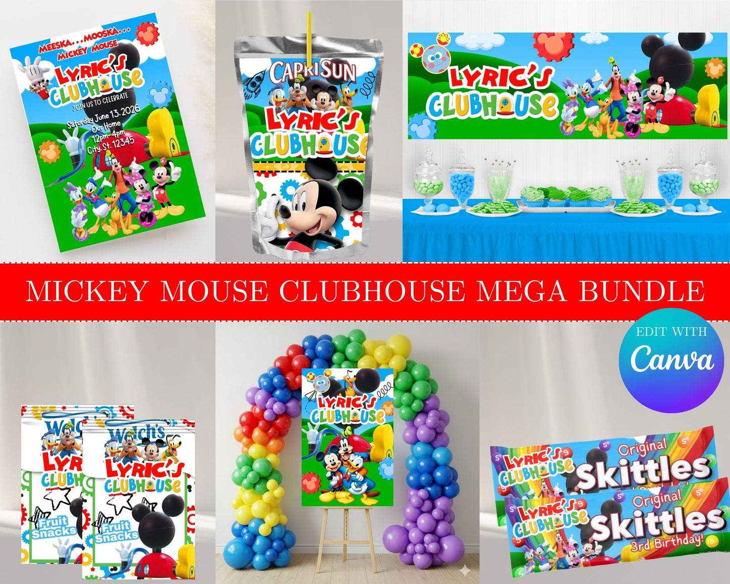 Mickey Mouse Clubhouse MEGA Party Bundle | Edit Text with Canva | Mickey Mouse Clubhouse  Favor Bundle | Digital Files