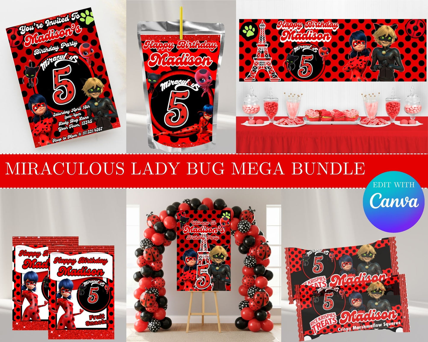 Miraculous Lady Bug MEGA Party Bundle | Edit Text with Canva | Miraculous Lady Bug Favor Bundle | Digital Files