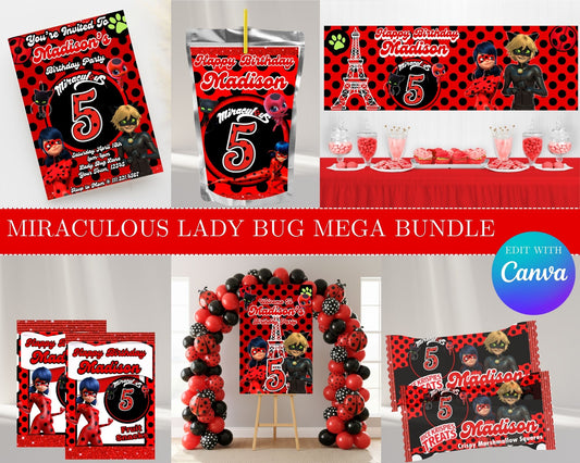 Miraculous Lady Bug MEGA Party Bundle | Edit Text with Canva | Miraculous Lady Bug Favor Bundle | Digital Files