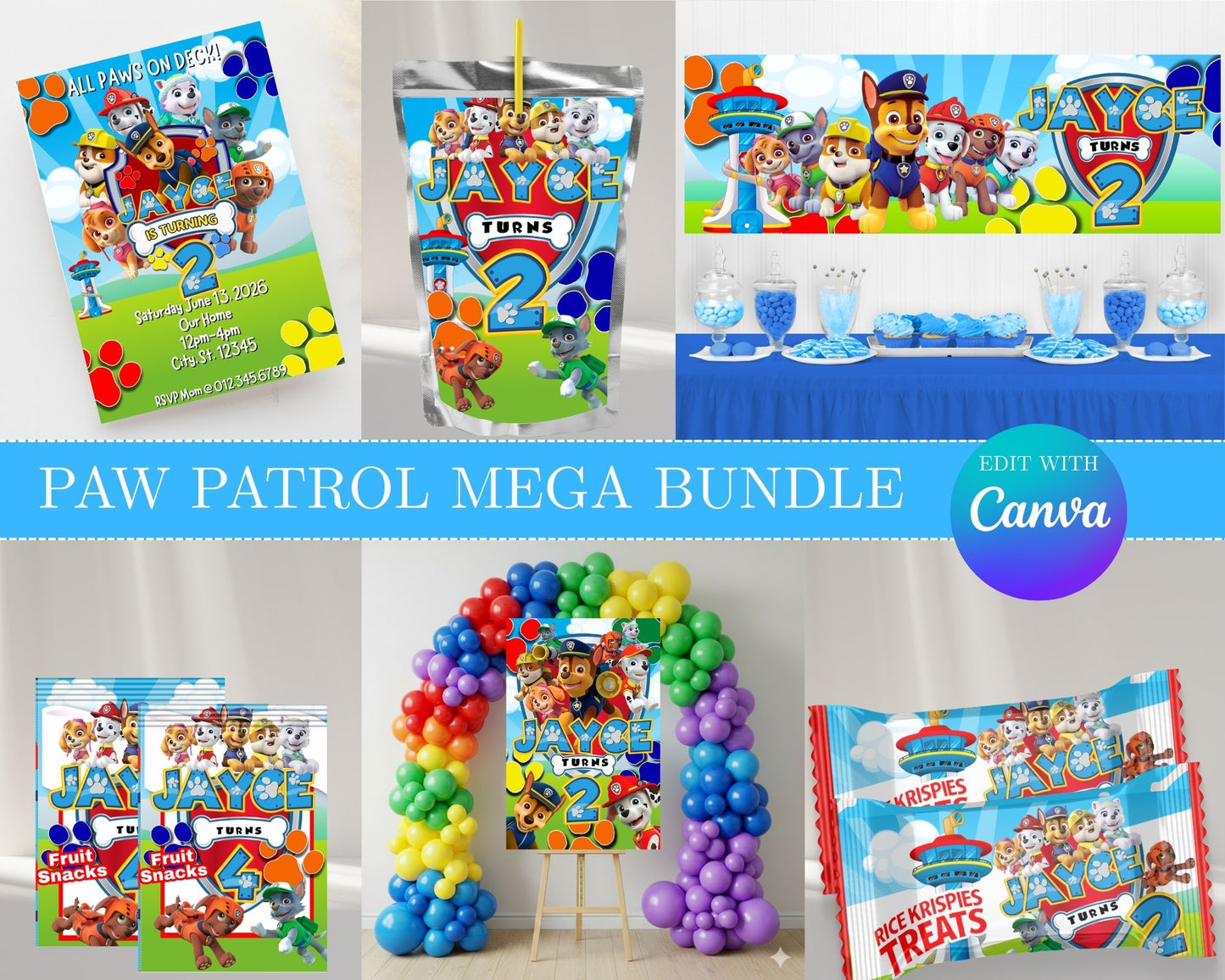 Paw Patrol MEGA Party Bundle | Edit Text with Canva | Paw Patrol Favor Bundle | Digital Files