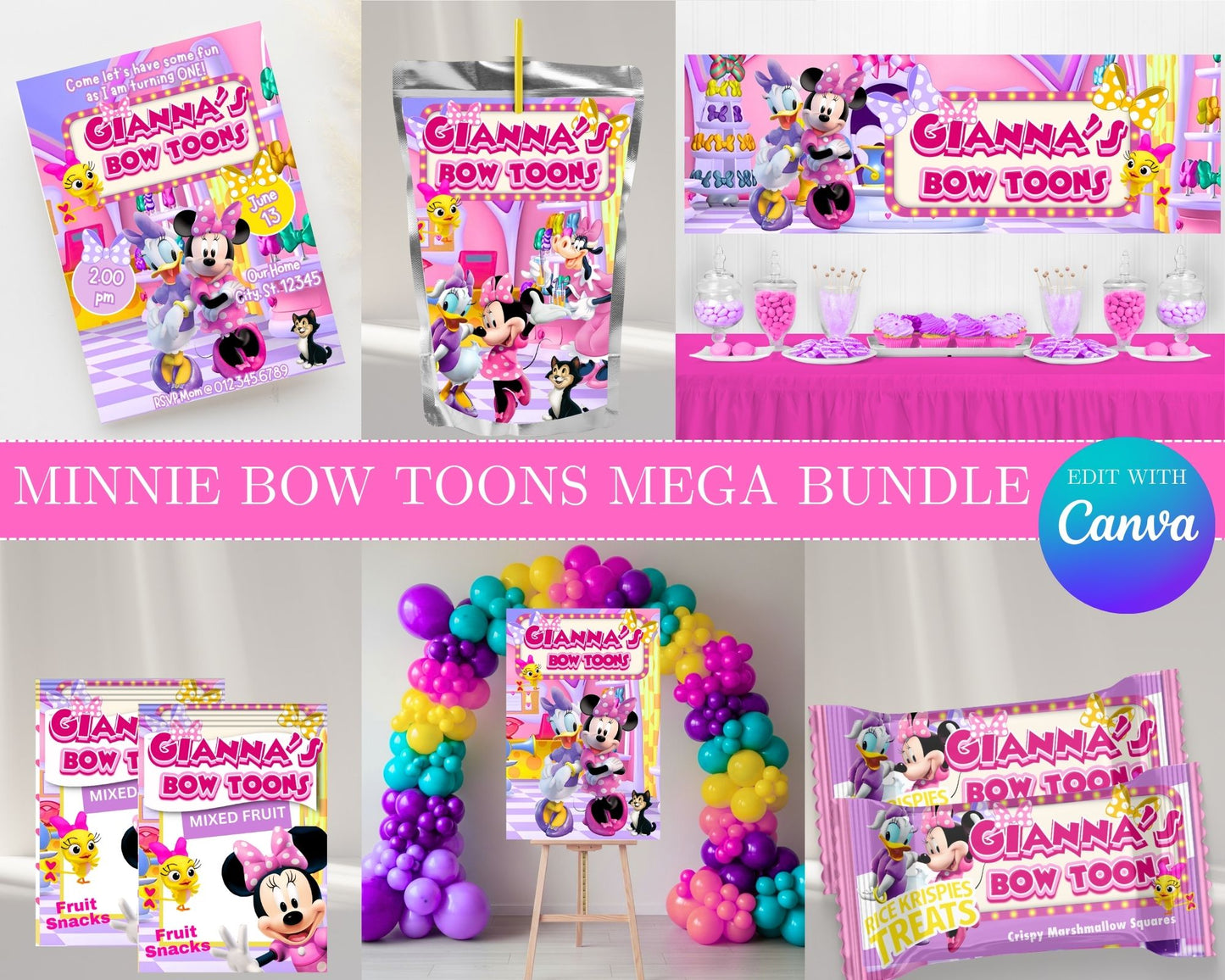 Minnie's Bow Toons MEGA Party Bundle | Edit Text with Canva | Minnie's Bow Toons Favor Bundle | Digital Files