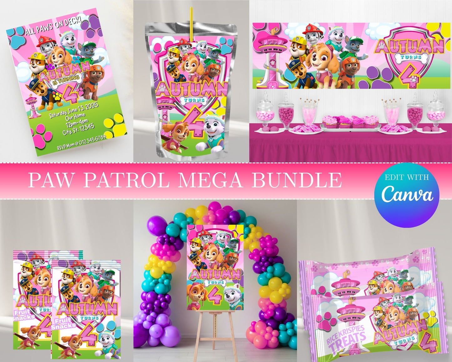 Paw Patrol Girl MEGA Party Bundle | Edit Text with Canva | Paw Patrol Girl Favor Bundle | Digital Files
