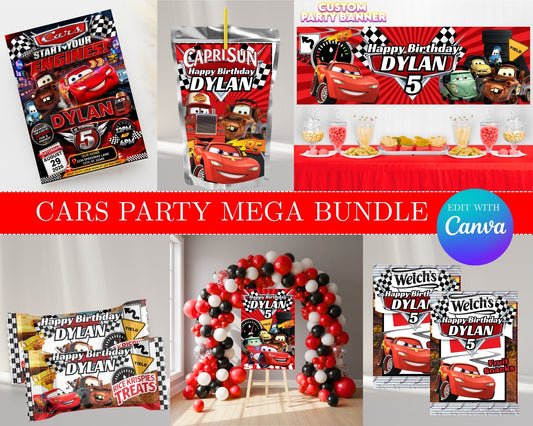 Cars MEGA Party Bundle | Edit Text with Canva | Cars Party Favor Bundle | Digital Files
