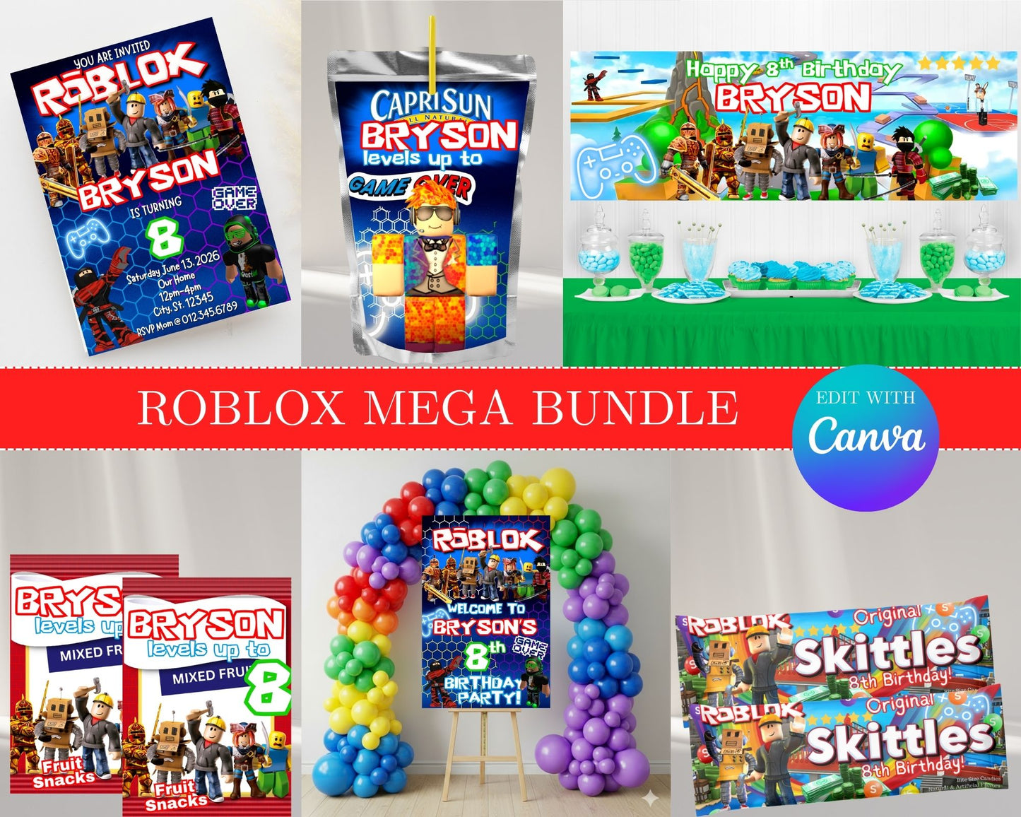 Roblox MEGA Party Bundle | Edit Text with Canva | Roblox Favor Bundle | Digital Files