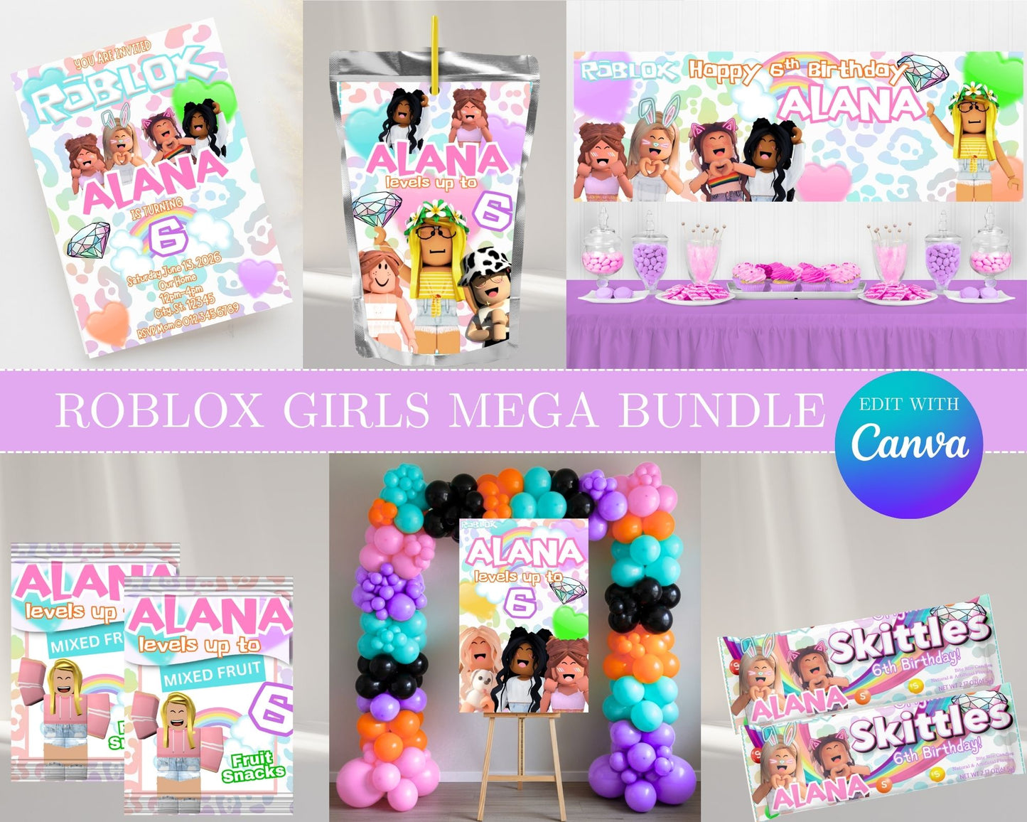 Roblox Girls MEGA Party Bundle | Edit Text with Canva | Roblox Girls Favor Bundle | Digital Files