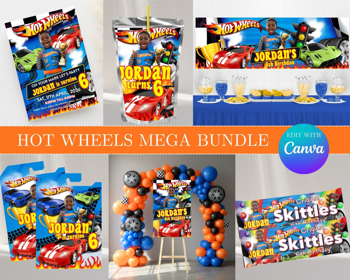 Hot Wheels MEGA Party Bundle | Edit Text with Canva | Hot Wheels Favor Bundle | Digital Files