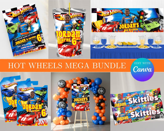 Hot Wheels MEGA Party Bundle | Edit Text with Canva | Hot Wheels Favor Bundle | Digital Files
