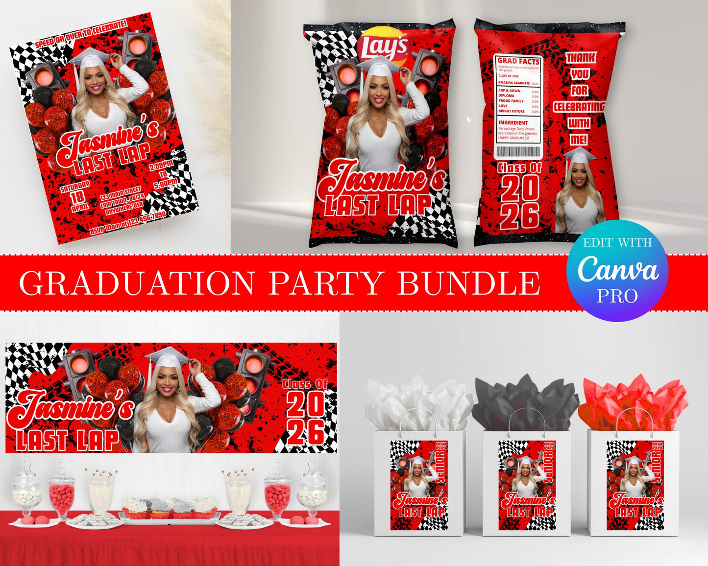 Last Lap Graduation Party Bundle | Edit with Canva Pro | Graduation Party Favor Bundle | Digital Files