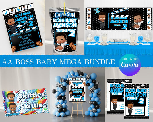 AA Boss Baby MEGA Party Bundle | Edit Text with Canva | AA Boss Baby Favor Bundle | Digital Files