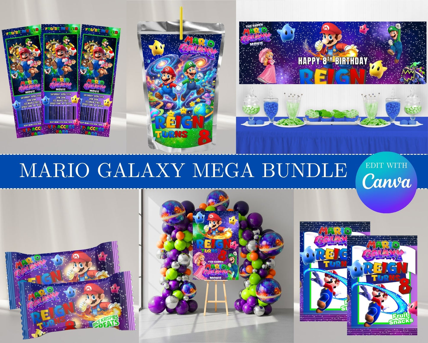 Super Mario Galaxy MEGA Party Bundle | Edit Text with Canva | Super Mario Favor Bundle | Digital Files