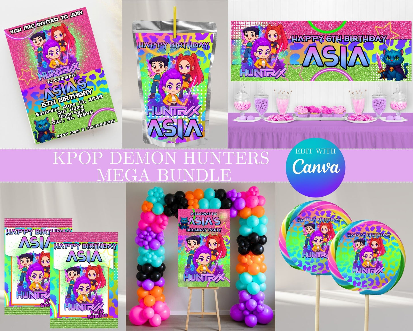 KPOP Demon Hunters MEGA Party Bundle | Edit Text with Canva | KPOP Demon Hunters Favor Bundle | Digital Files