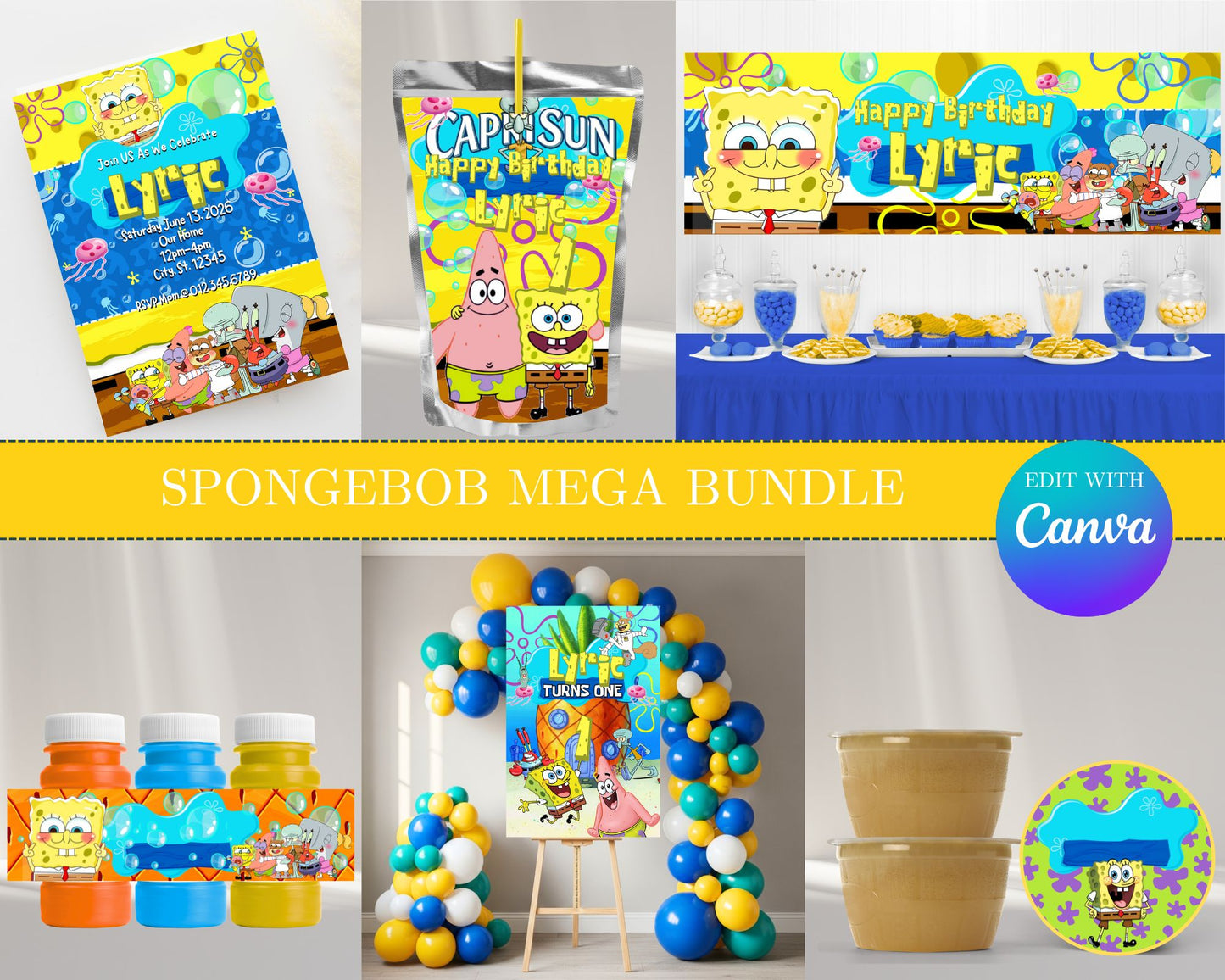 SpongeBob MEGA Party Bundle | Edit Text with Canva | SpongeBob Favor Bundle | Digital Files