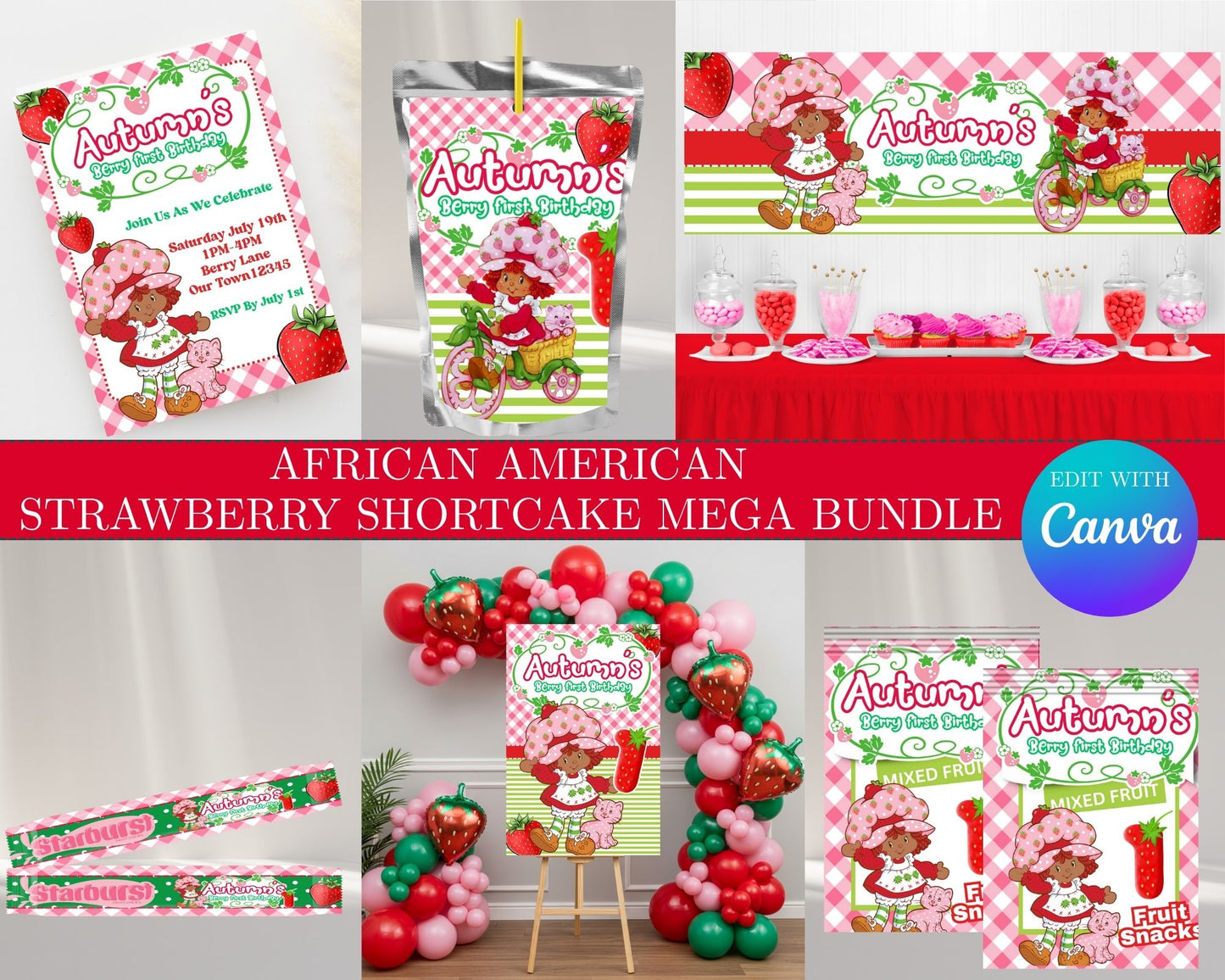 African American Strawberry Shortcake MEGA Party Bundle | Edit Text with Canva | AA Strawberry Shortcake Favor Bundle | Digital Files