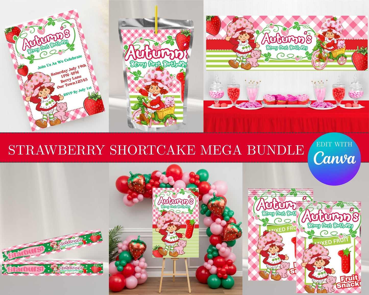 Strawberry Shortcake MEGA Party Bundle | Edit Text with Canva | Strawberry Shortcake Favor Bundle | Digital Files