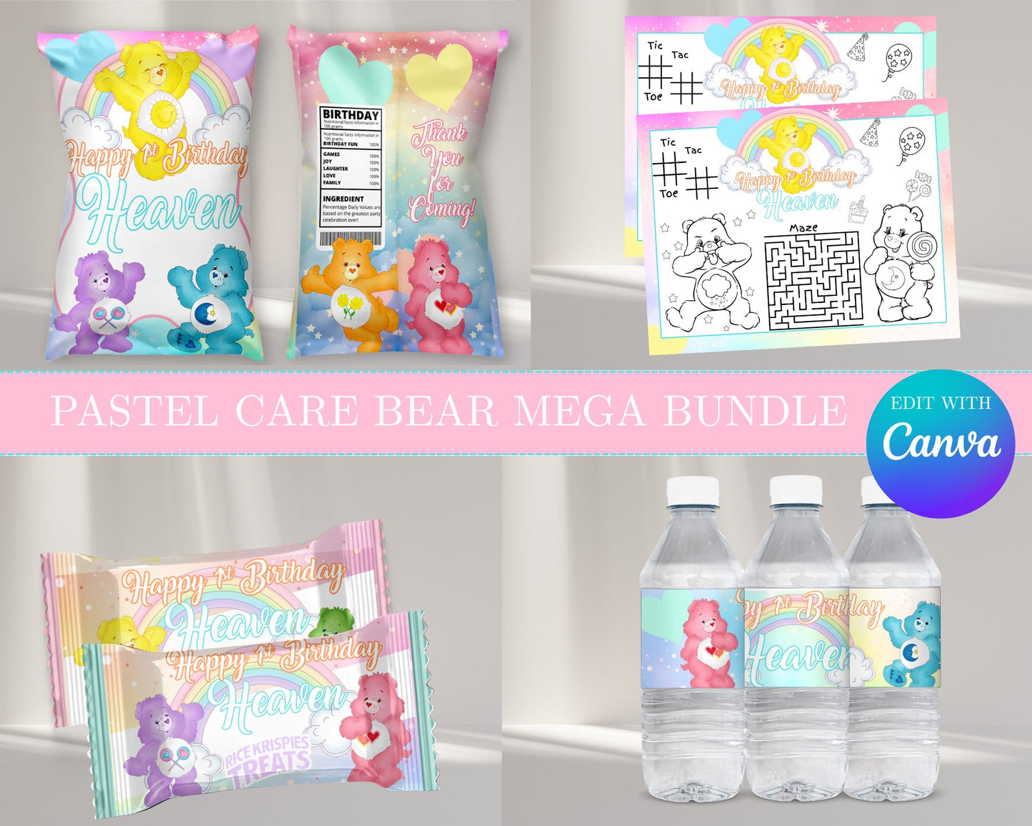 Pastel Care Bear MEGA Party Bundle | Edit Text with Canva | Pastel Care Bear Favor Bundle | Digital Files