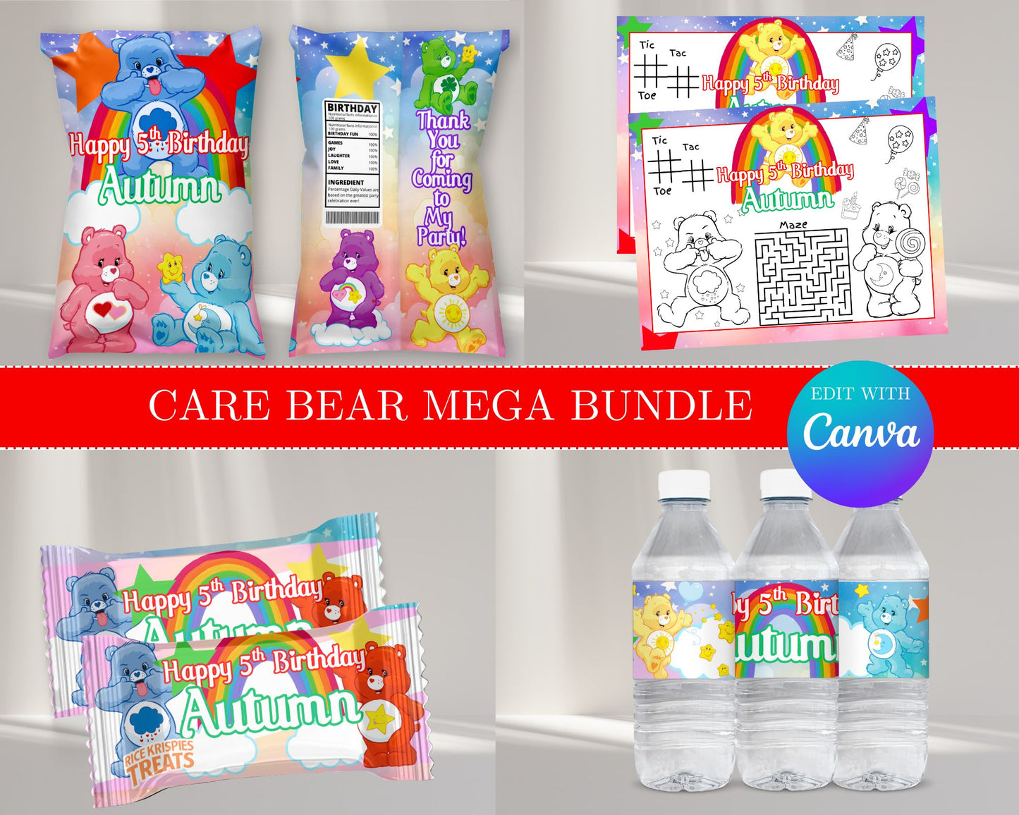 Care Bear MEGA Party Bundle | Edit Text with Canva | Care Bear Favor Bundle | Digital Files