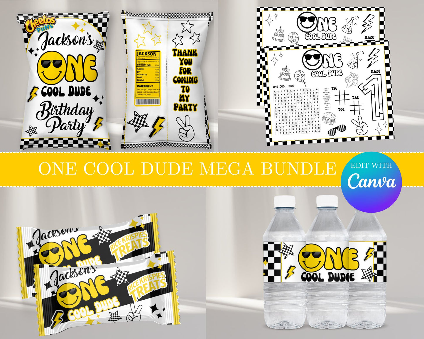 One Cool Dude MEGA Party Bundle | Edit Text with Canva | One Cool Dude Favor Bundle | Digital Files