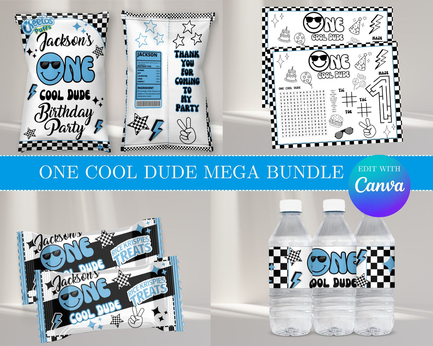 One Cool Dude MEGA Party Bundle | Edit Text with Canva | One Cool Dude Favor Bundle | Digital Files