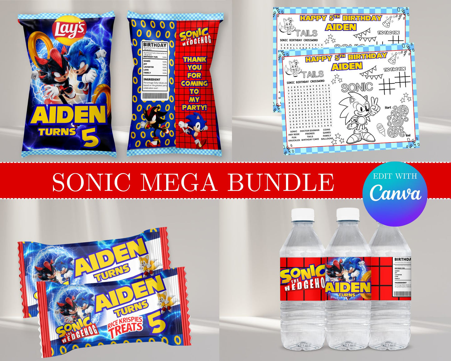 Sonic MEGA Party Bundle | Edit Text with Canva | Sonic Favor Bundle | Digital Files