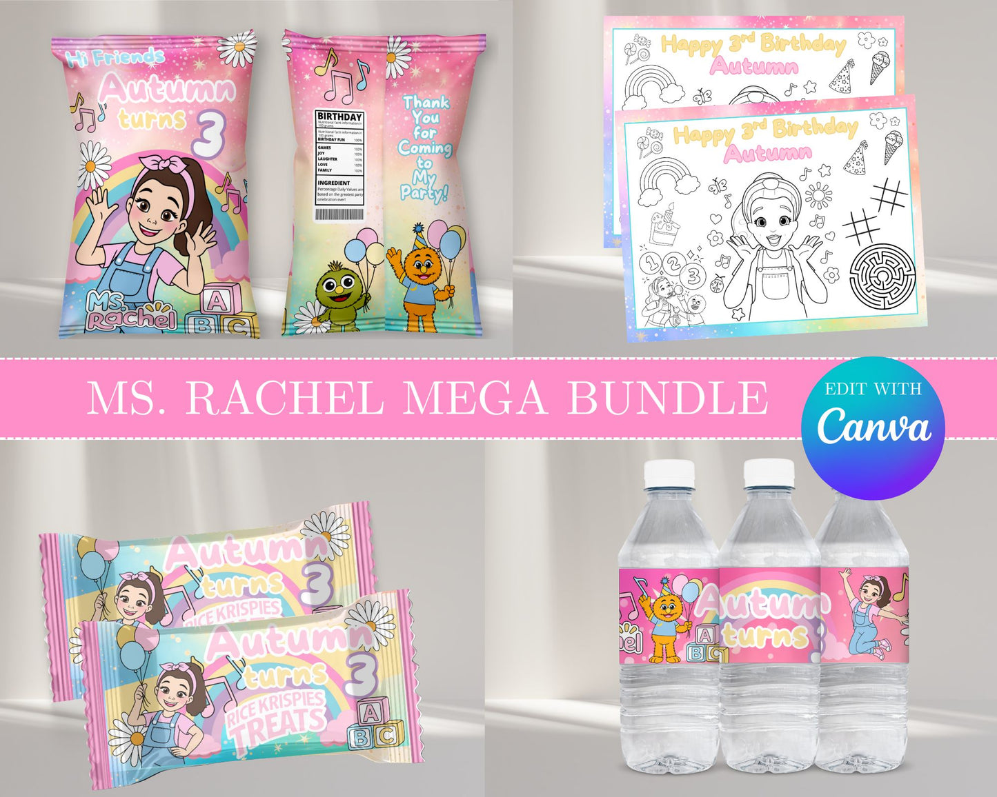 Ms. Rachel MEGA Party Bundle | Edit Text with Canva | Ms. Rachel Favor Bundle | Digital Files