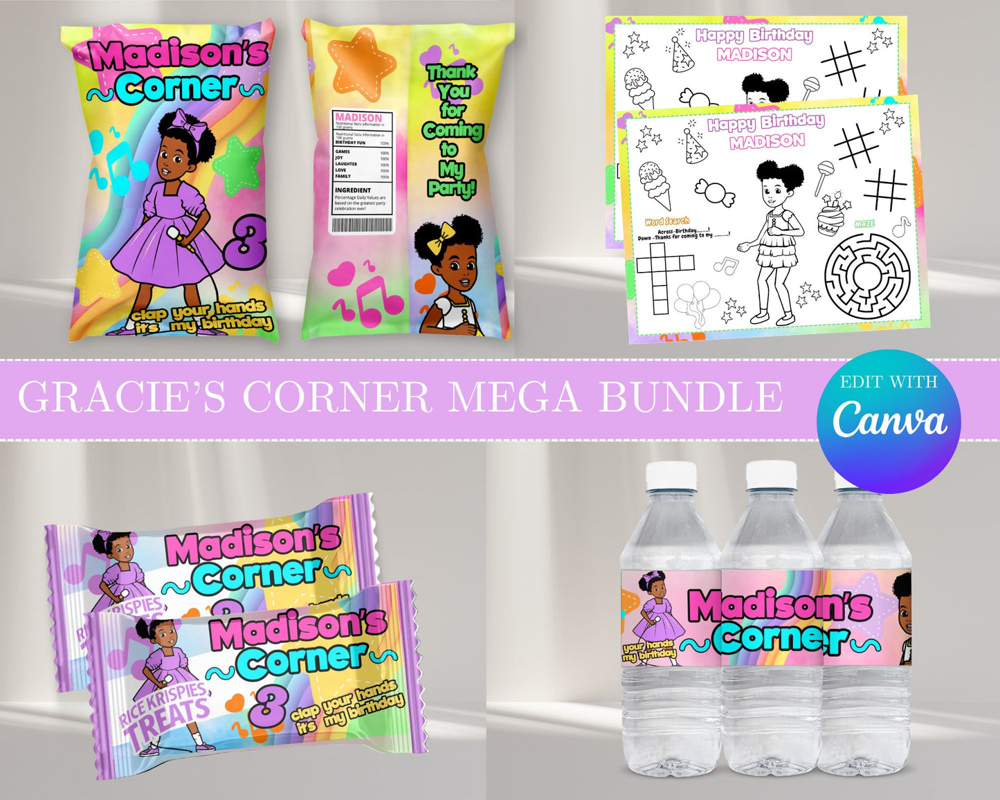 Gracie's Corner MEGA Party Bundle | Edit Text with Canva | Gracie's Corner Favor Bundle | Digital Files