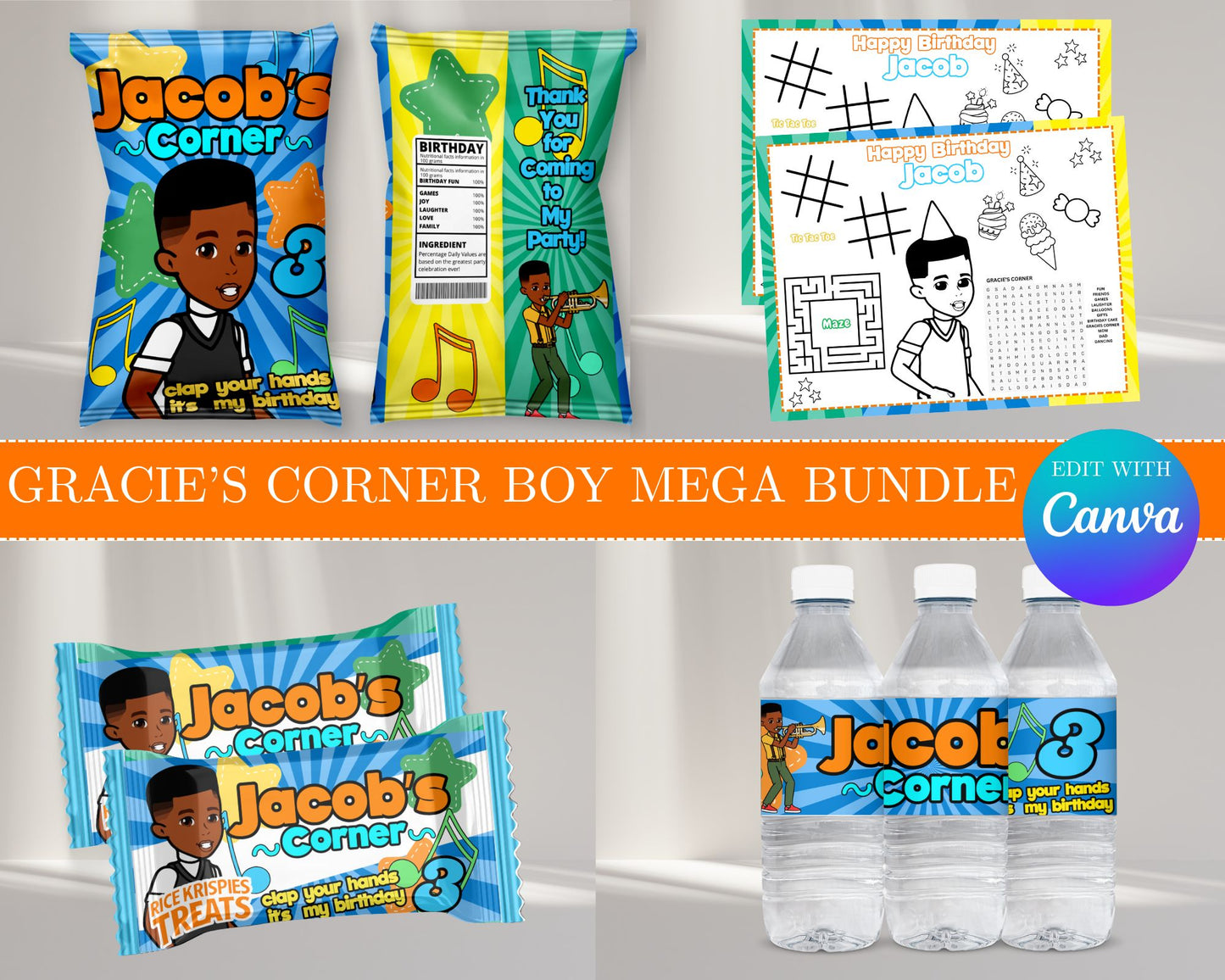 Gracie's Corner Boy MEGA Party Bundle | Edit Text with Canva | Gracie's Corner Boy Favor Bundle | Digital Files