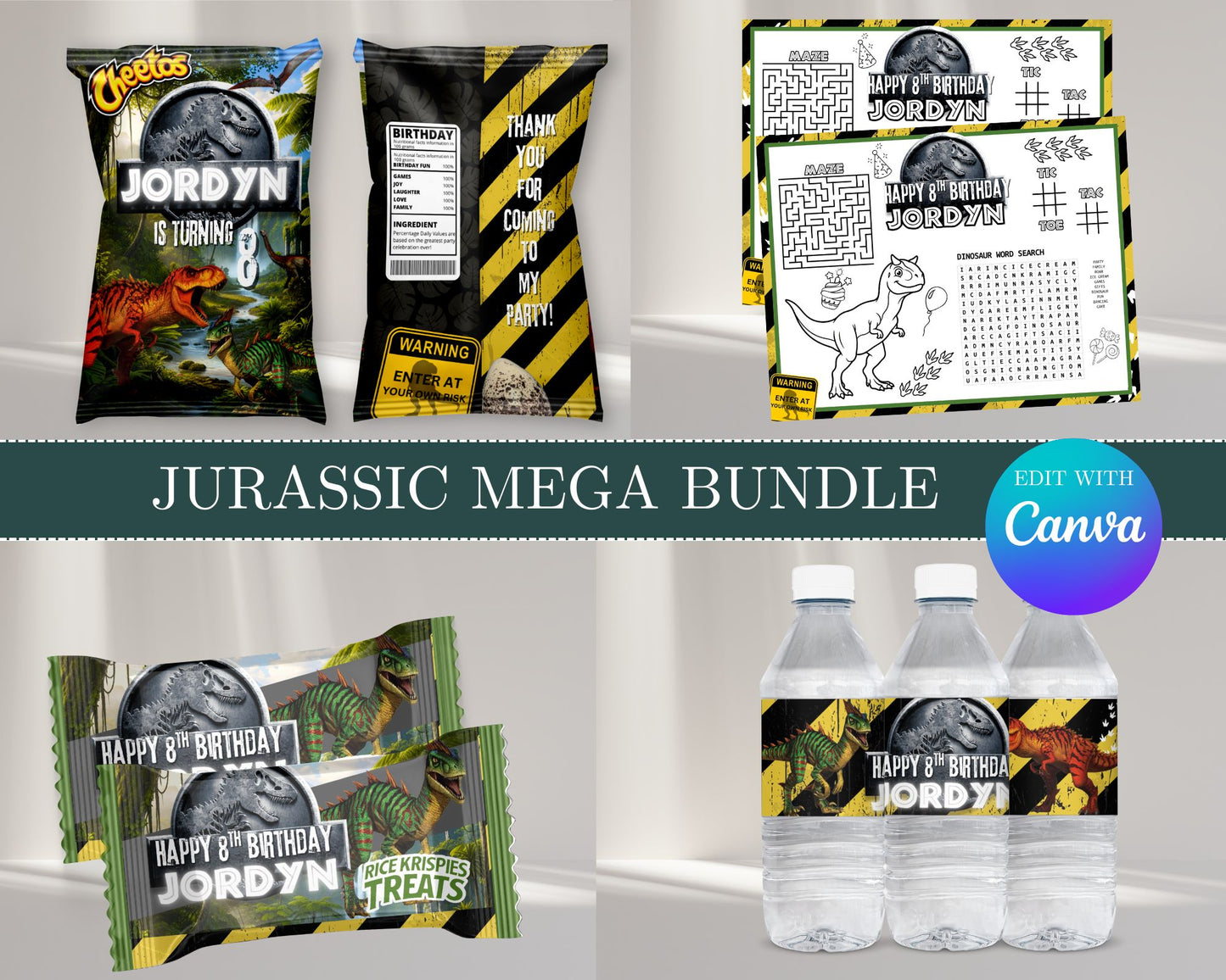 Jurassic MEGA Party Bundle | Edit Text with Canva | Jurassic Favor Bundle | Digital Files