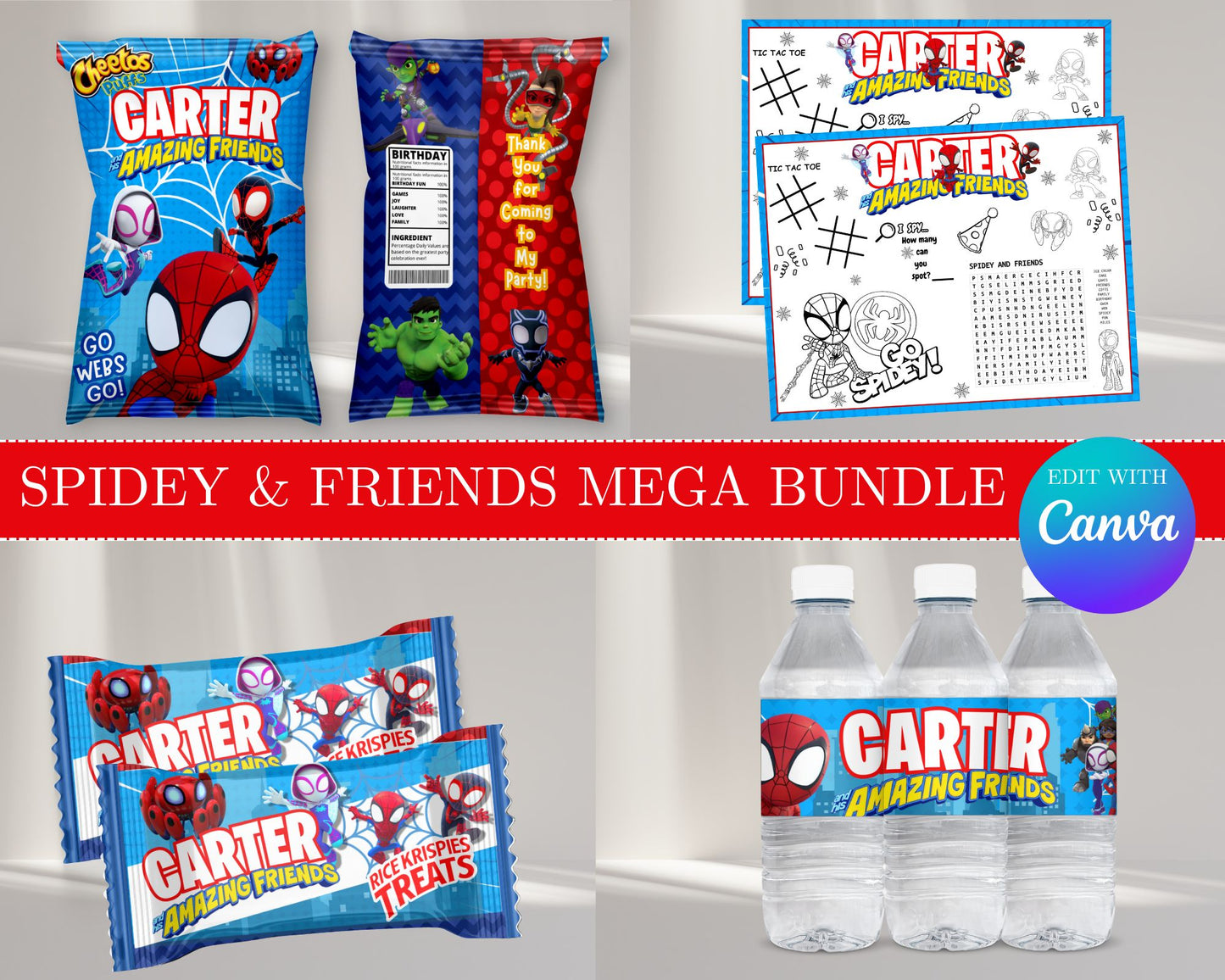 Spidey & Friends MEGA Party Bundle | Edit Text with Canva | Spidey & Friends Favor Bundle | Digital Files