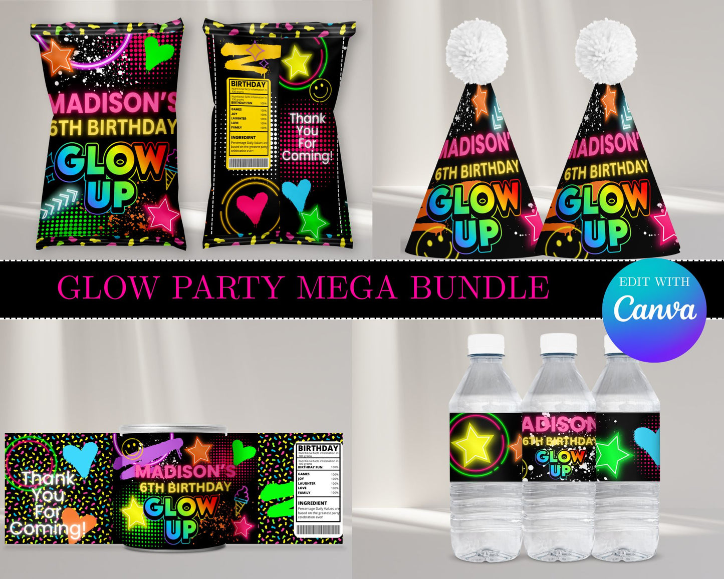 Glow Party MEGA Party Bundle | Edit Text with Canva | Glow Party Favor Bundle | Digital Files