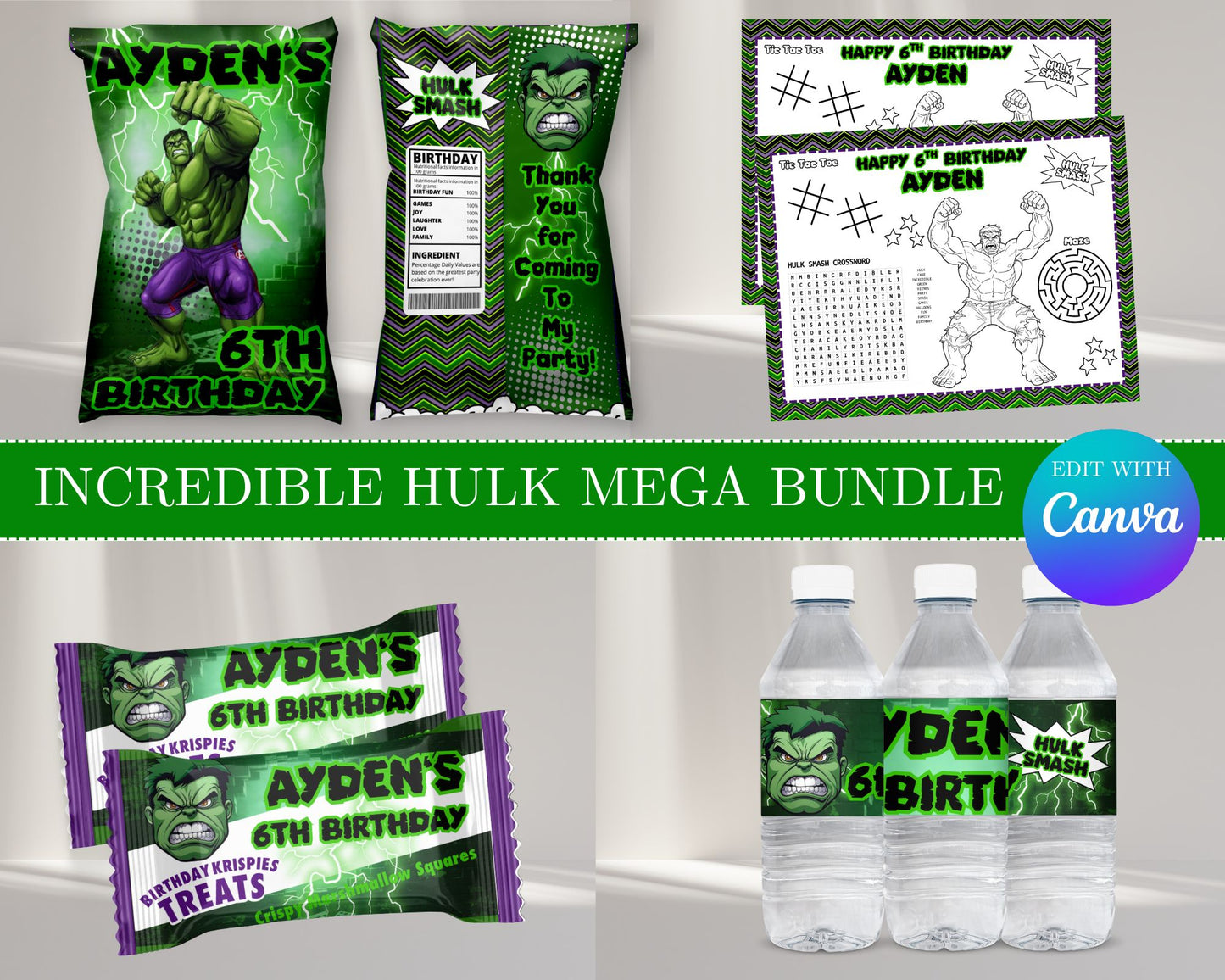 Hulk MEGA Party Bundle | Edit Text with Canva | Hulk Favor Bundle | Digital Files