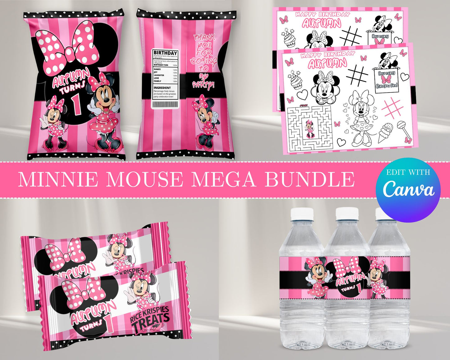 Minnie MEGA Party Bundle | Edit Text with Canva | Minnie Party Favor Bundle | Digital Files