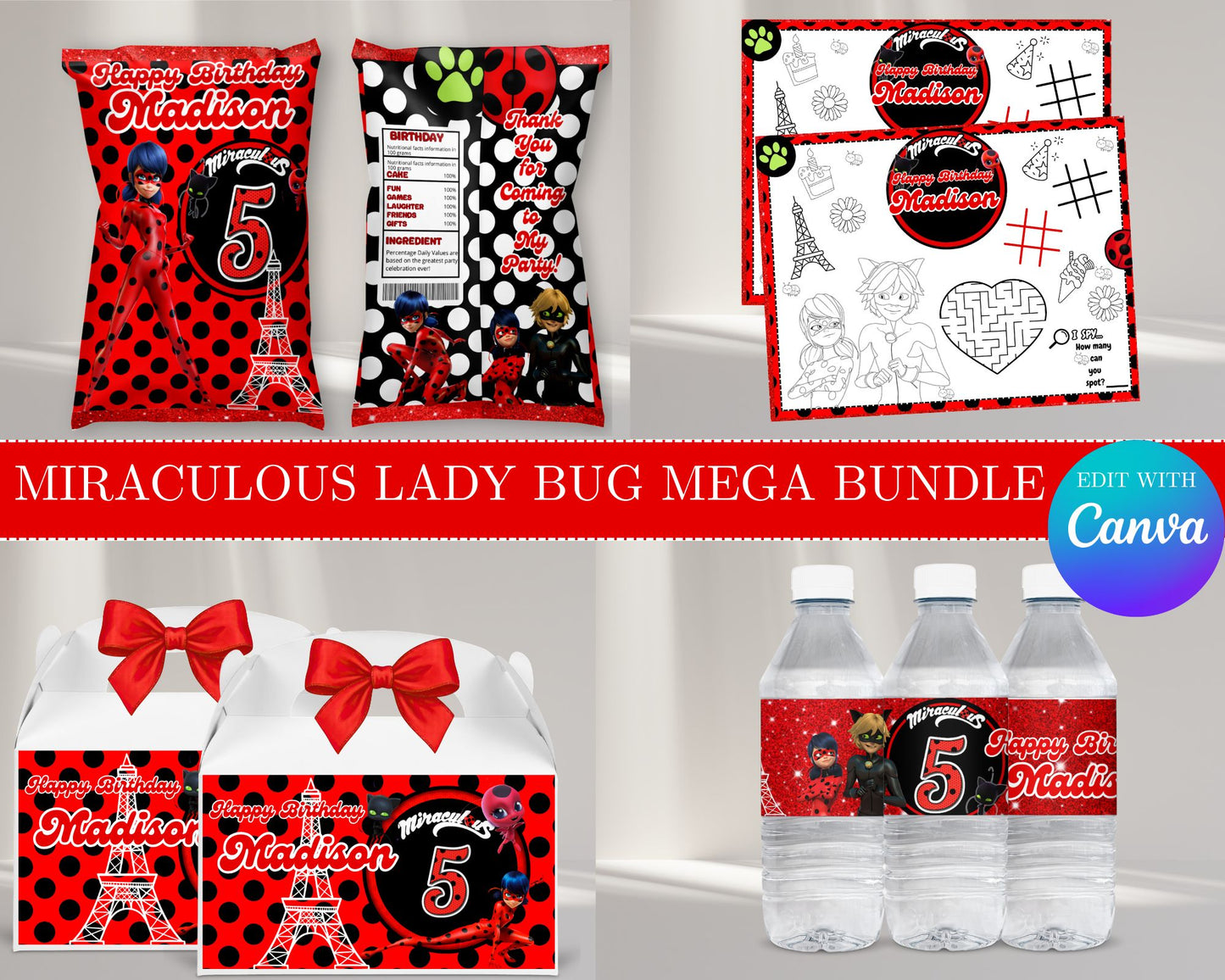 Miraculous Lady Bug MEGA Party Bundle | Edit Text with Canva | Miraculous Lady Bug Favor Bundle | Digital Files