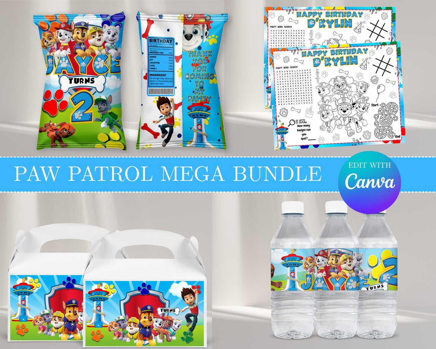 Paw Patrol MEGA Party Bundle | Edit Text with Canva | Paw Patrol Favor Bundle | Digital Files