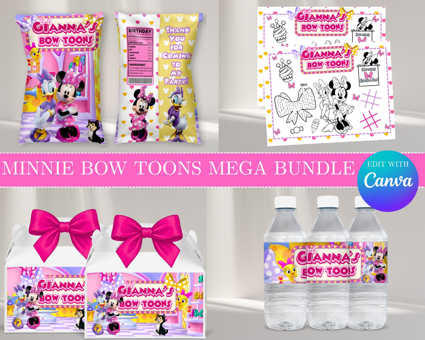 Minnie's Bow Toons MEGA Party Bundle | Edit Text with Canva | Minnie's Bow Toons Favor Bundle | Digital Files