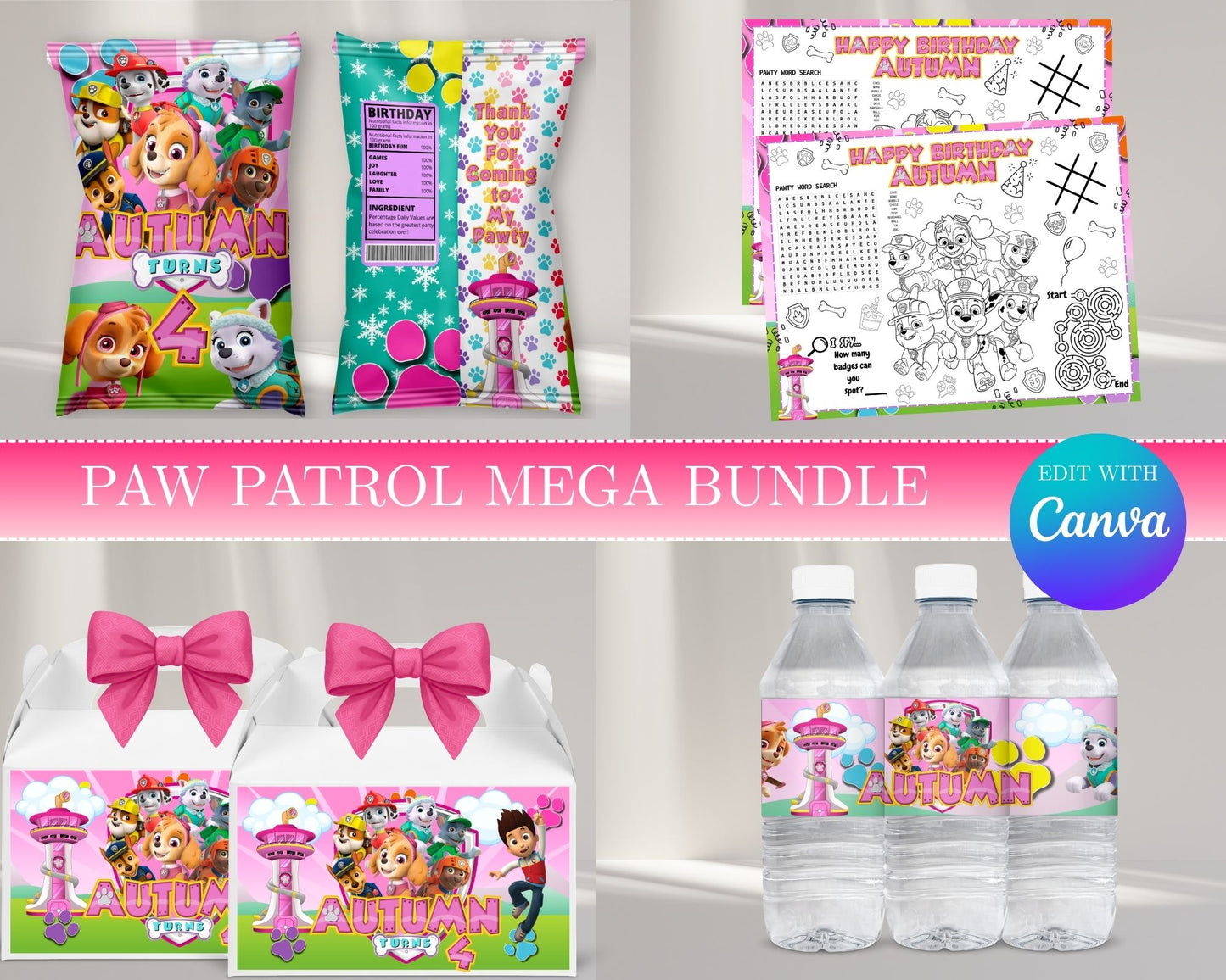 Paw Patrol Girl MEGA Party Bundle | Edit Text with Canva | Paw Patrol Girl Favor Bundle | Digital Files
