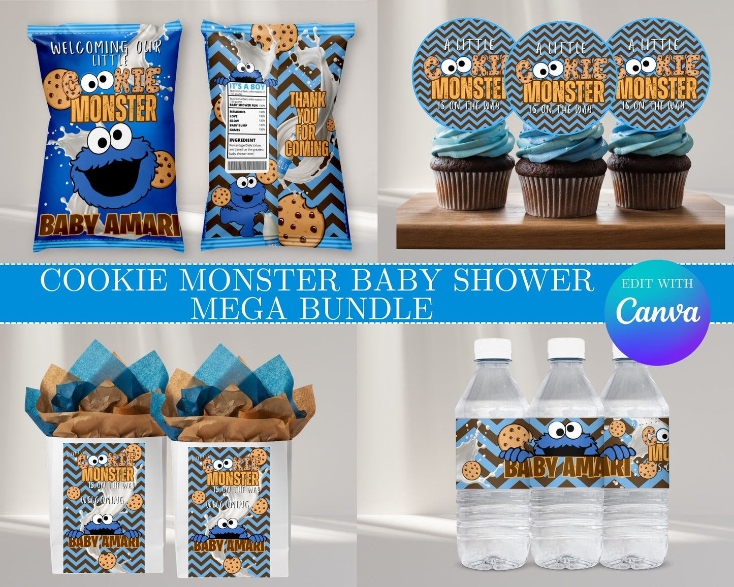 Cookie Monster Baby Shower MEGA Bundle | Edit Text with Canva | Cookie Monster Baby Shower Bundle | Digital Files