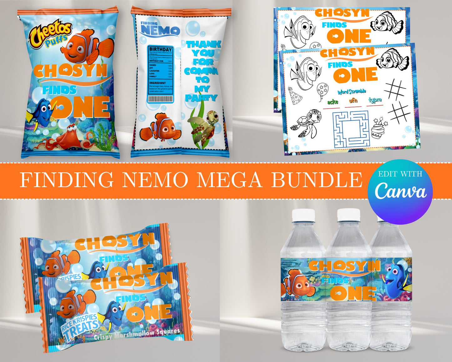Finding Nemo MEGA Party Bundle | Edit Text with Canva | Finding Nemo Favor Bundle | Digital Files