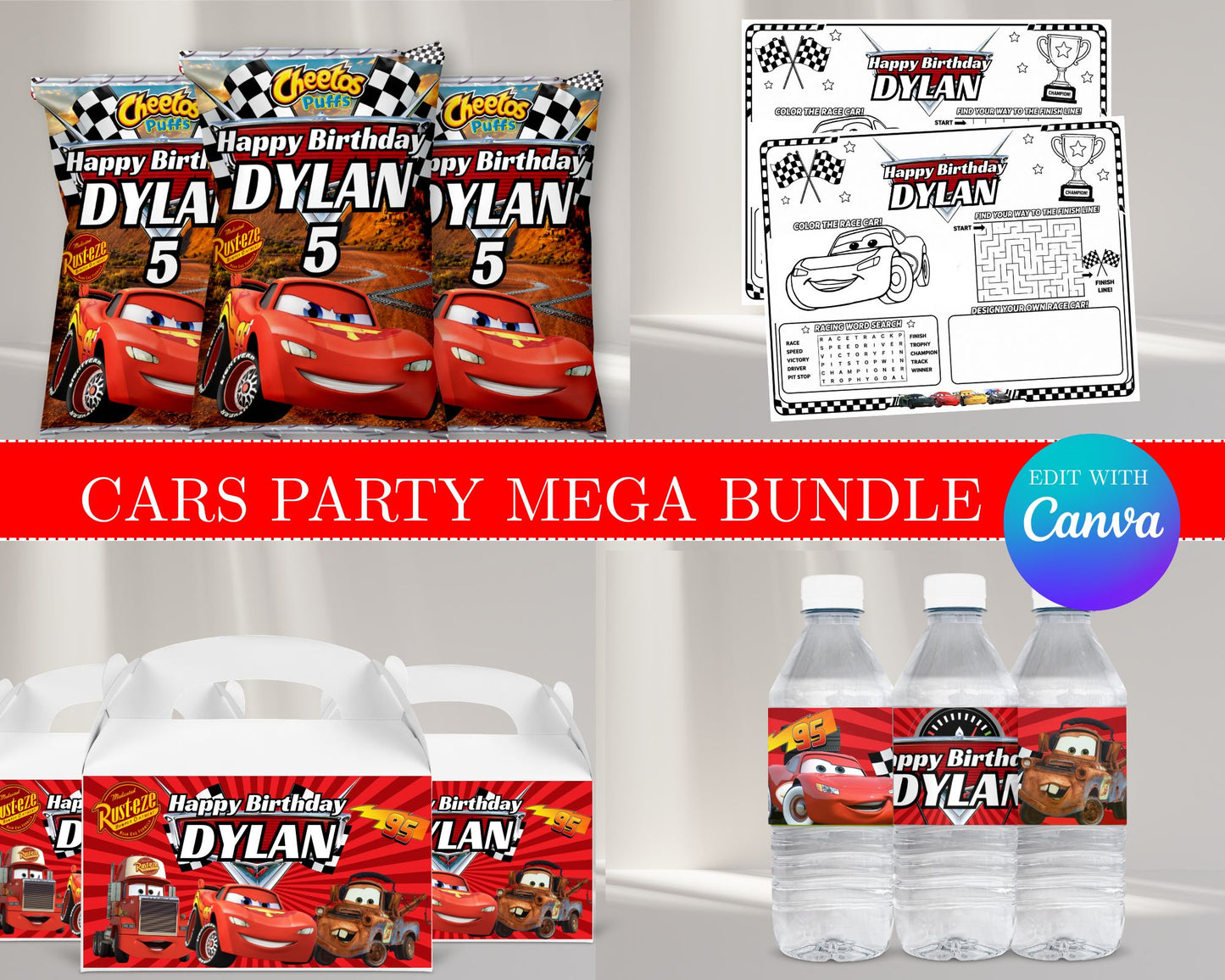 Cars MEGA Party Bundle | Edit Text with Canva | Cars Party Favor Bundle | Digital Files