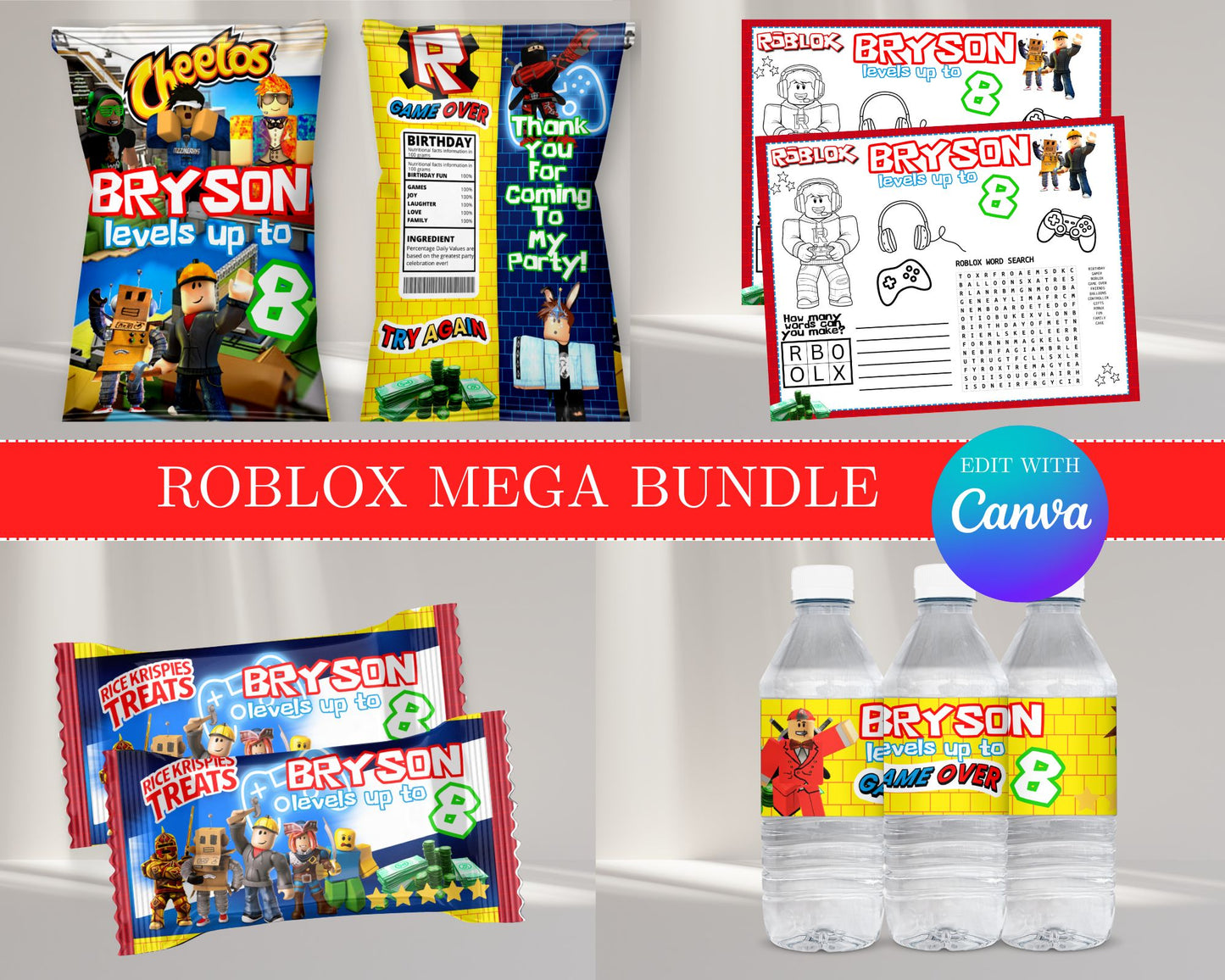 Roblox MEGA Party Bundle | Edit Text with Canva | Roblox Favor Bundle | Digital Files