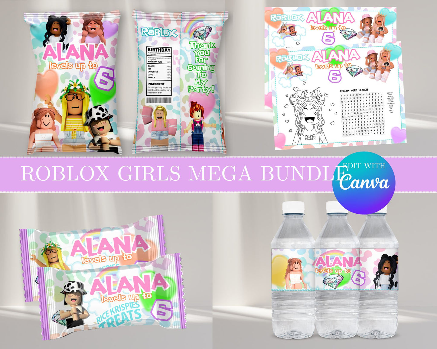 Roblox Girls MEGA Party Bundle | Edit Text with Canva | Roblox Girls Favor Bundle | Digital Files