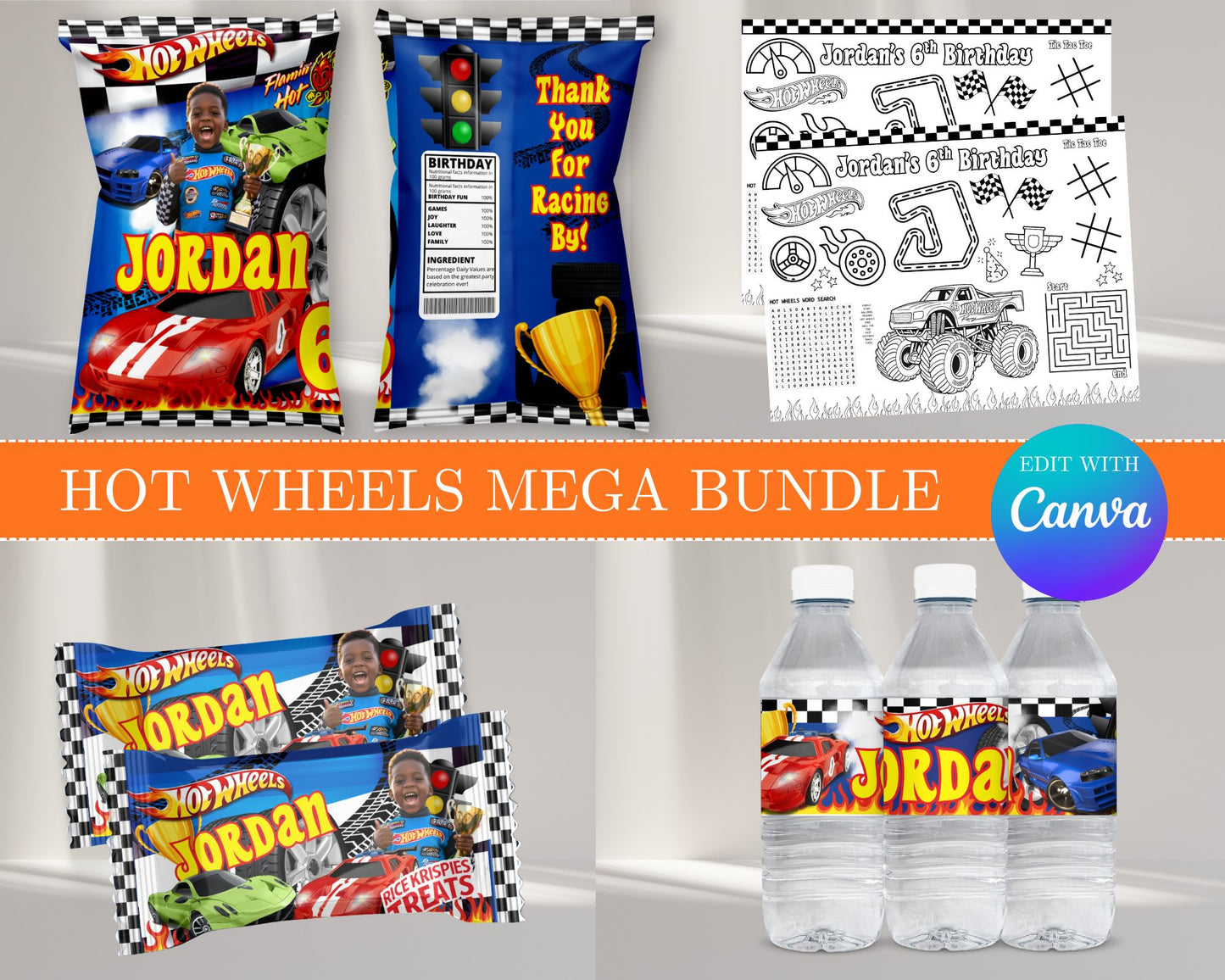 Hot Wheels MEGA Party Bundle | Edit Text with Canva | Hot Wheels Favor Bundle | Digital Files