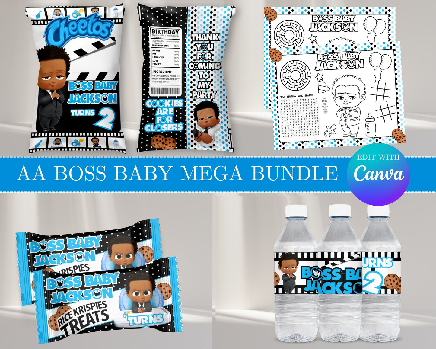 AA Boss Baby MEGA Party Bundle | Edit Text with Canva | AA Boss Baby Favor Bundle | Digital Files